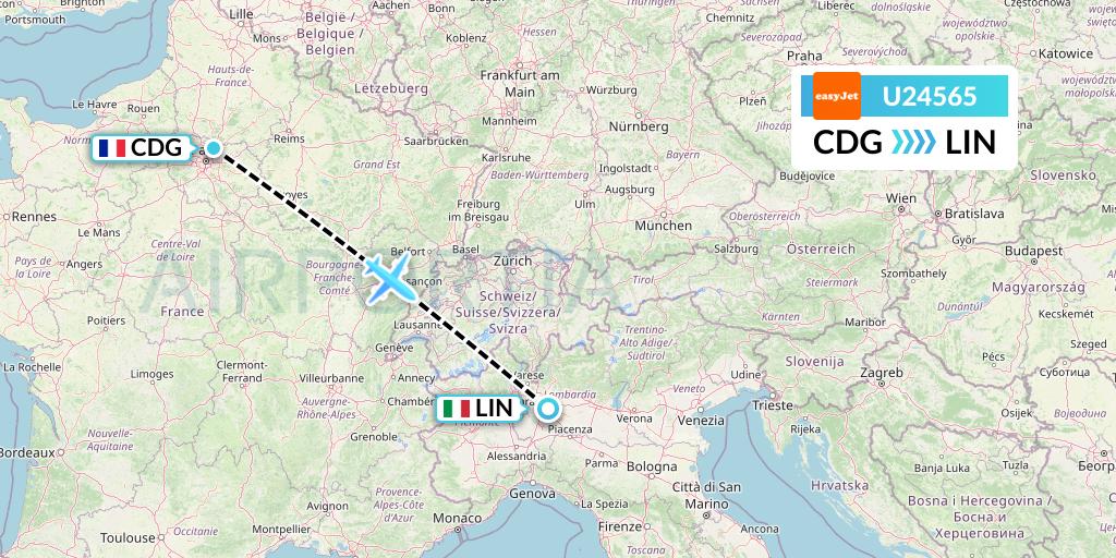 U24565 EasyJet Flight Map: Paris to Milan