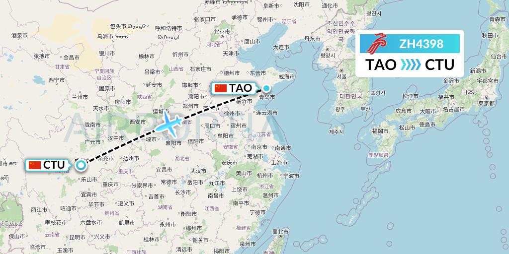 ZH4398 Shenzhen Airlines Flight Map: Qingdao to Chengdu