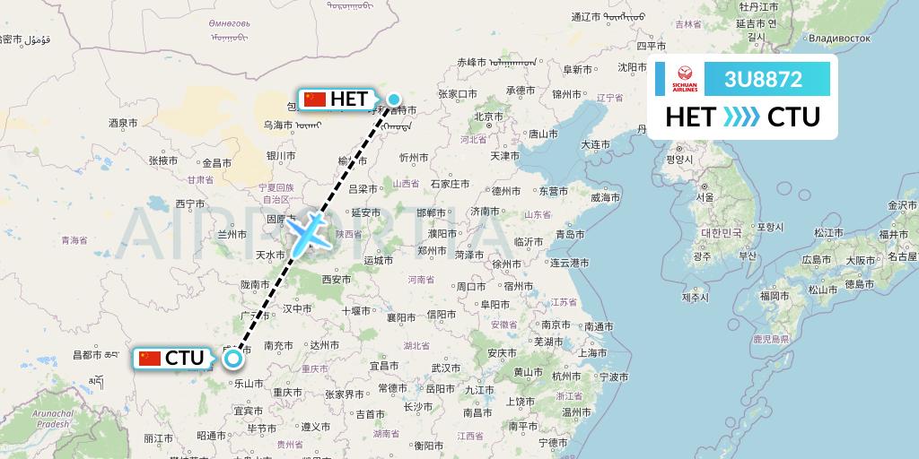 3U8872 Sichuan Airlines Flight Map: Hohhot to Chengdu