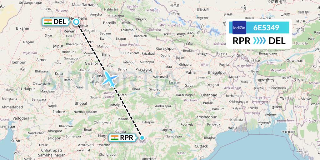 6E5349 IndiGo Airlines Flight Map: Raipur to Delhi