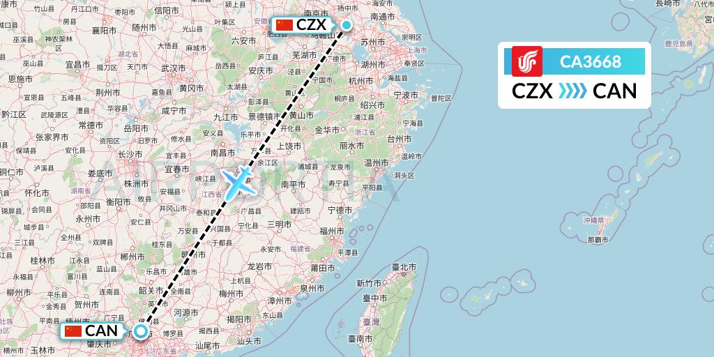 CA3668 Air China Flight Map: Changzhou to Guangzhou