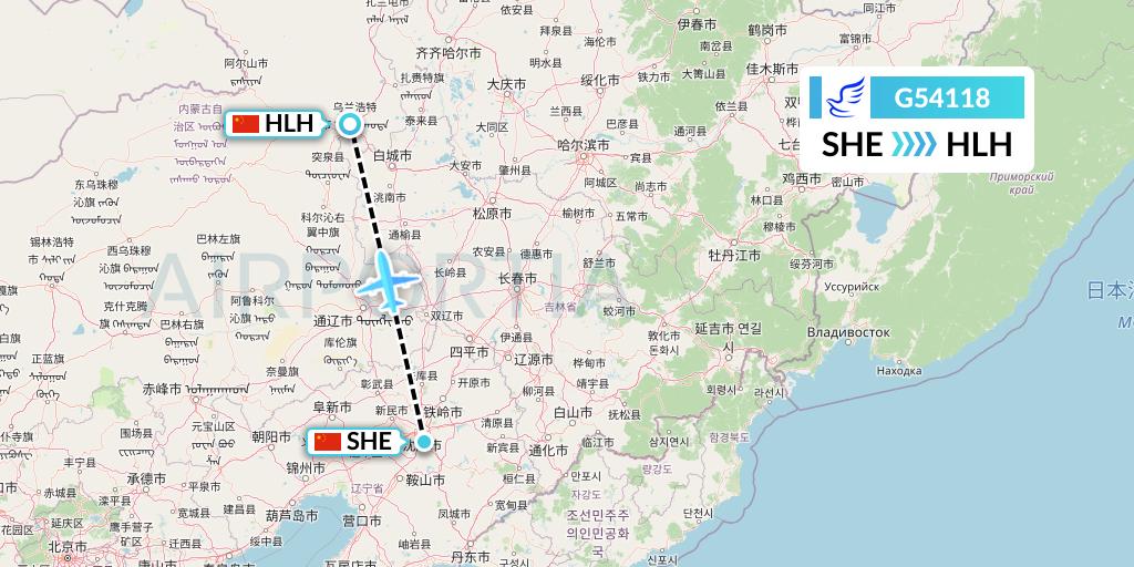 G54118 China Express Airlines Flight Map: Shenyang to Ulanhot