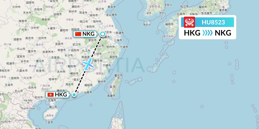 HU8523 Hainan Airlines Flight Map: Hong Kong to Nanjing