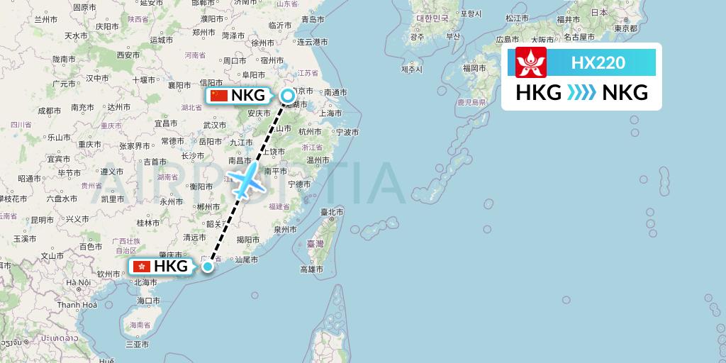 HX220 Hong Kong Airlines Flight Map: Hong Kong to Nanjing