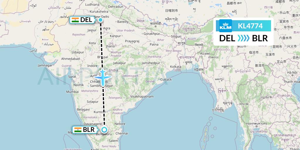 KL4774 KLM Flight Map: Delhi to Bangalore