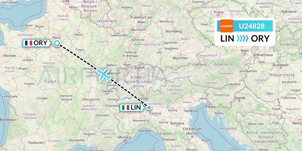 U24828 EasyJet Flight Map: Milan to Paris