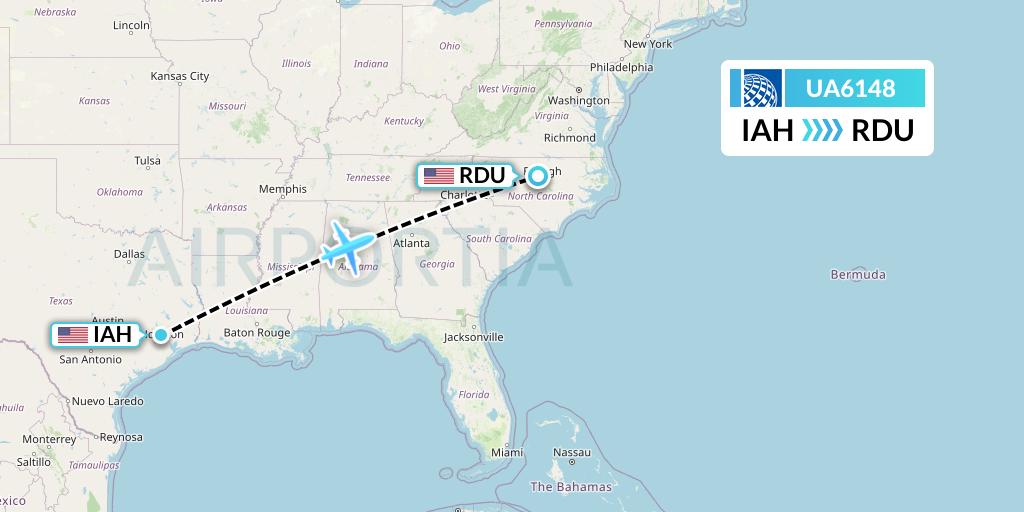 UA6148 United Airlines Flight Map: Houston to Raleigh-Durham
