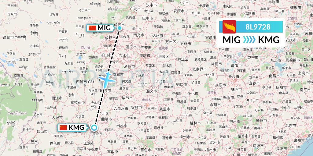8L9728 Lucky Air Flight Map: Mianyang to Kunming