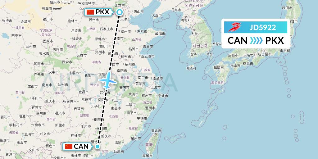 JD5922 Capital Airlines Flight Map: Guangzhou to Beijing