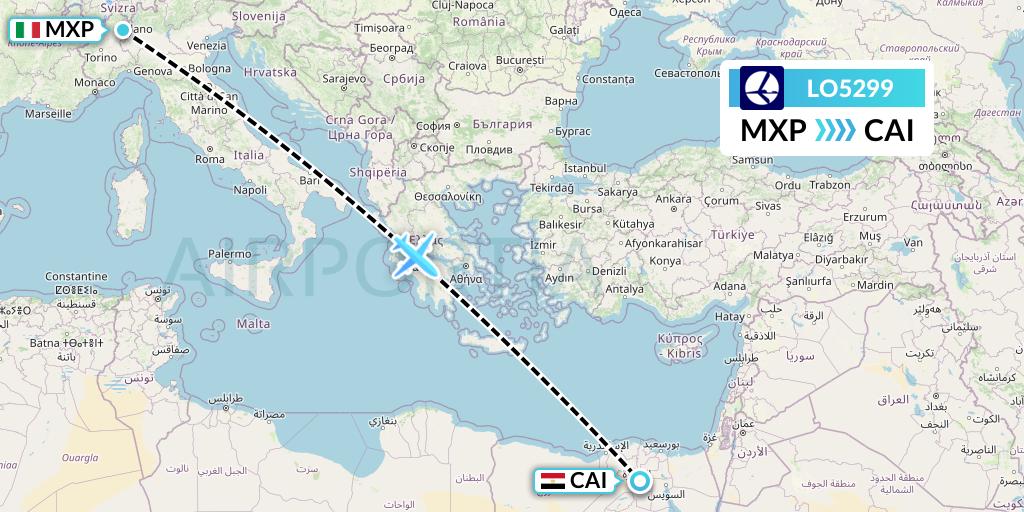 LO5299 LOT Flight Map: Milan to Cairo
