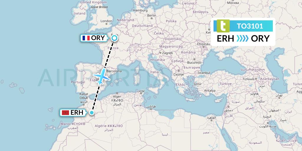 TO3101 Transavia France Flight Map: Errachidia to Paris