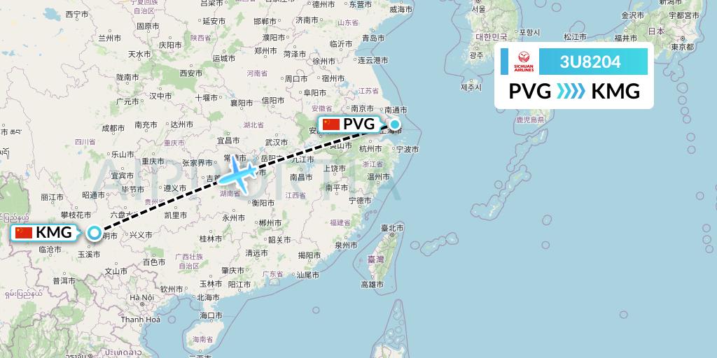3U8204 Sichuan Airlines Flight Map: Shanghai to Kunming