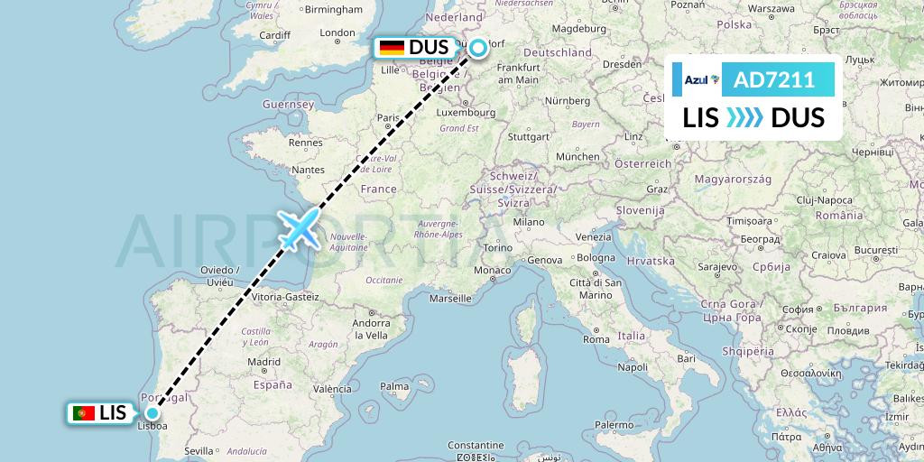 AD7211 Azul Brazilian Airlines Flight Map: Lisbon to Dusseldorf