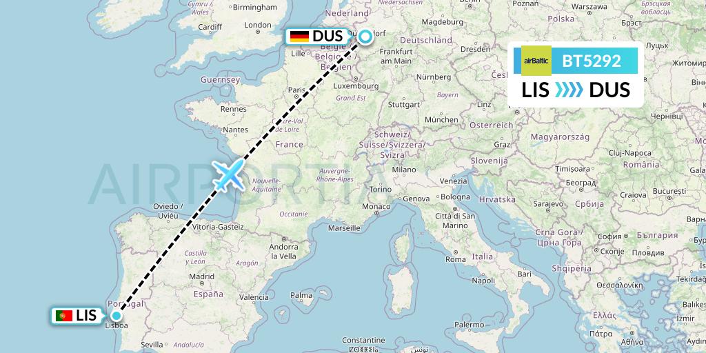 BT5292 Air Baltic Flight Map: Lisbon to Dusseldorf