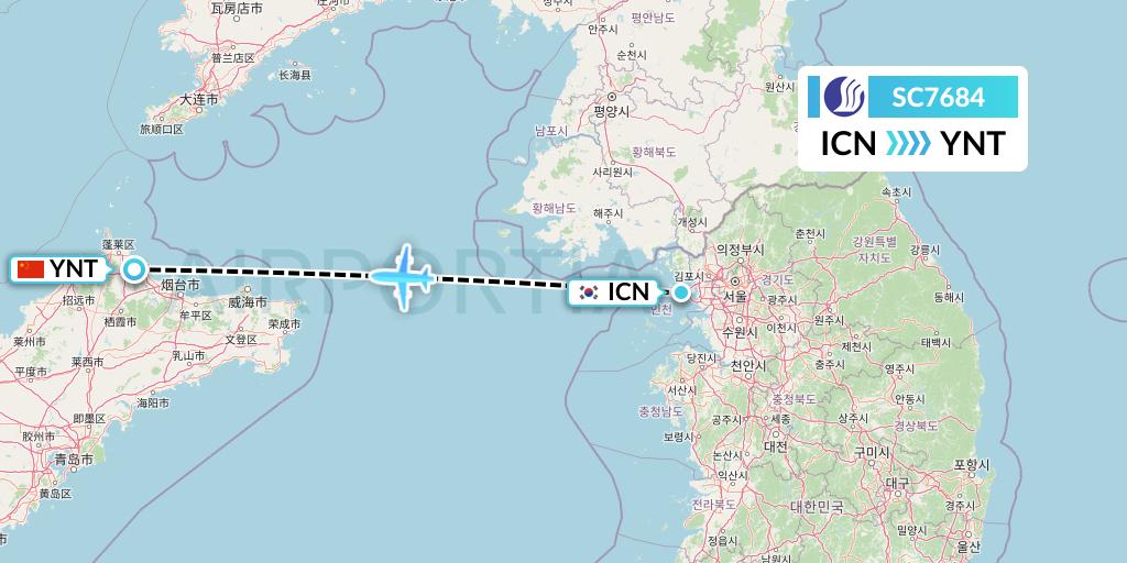 SC7684 Shandong Airlines Flight Map: Seoul to Yantai