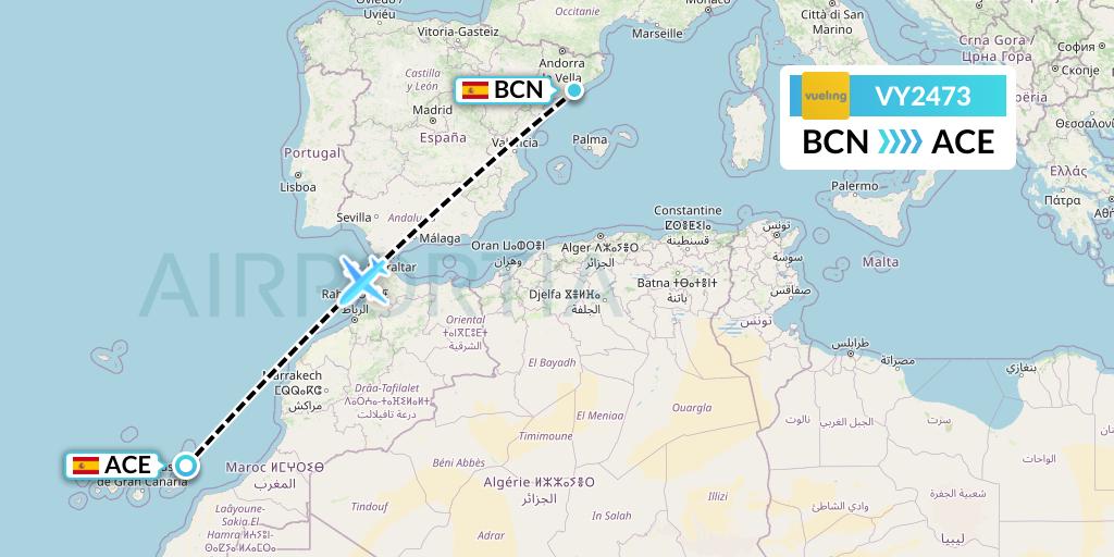 VY2473 Vueling Flight Map: Barcelona to Lanzarote