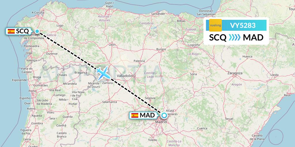 VY5283 Vueling Flight Map: Santiago to Madrid
