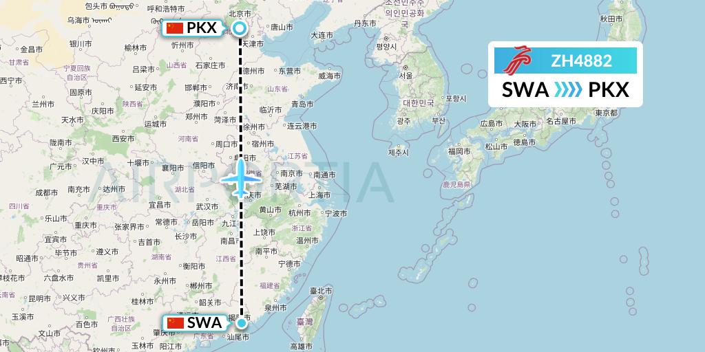 ZH4882 Shenzhen Airlines Flight Map: Jieyang to Beijing