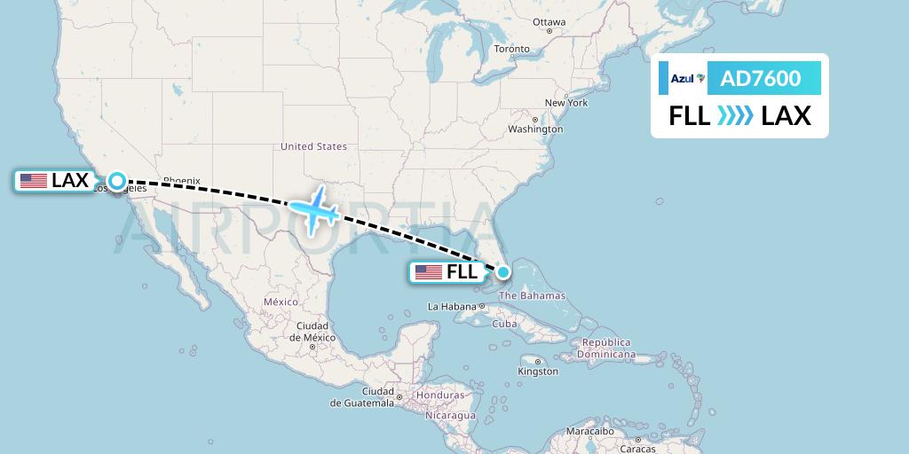 AD7600 Azul Brazilian Airlines Flight Map: Fort Lauderdale to Los Angeles