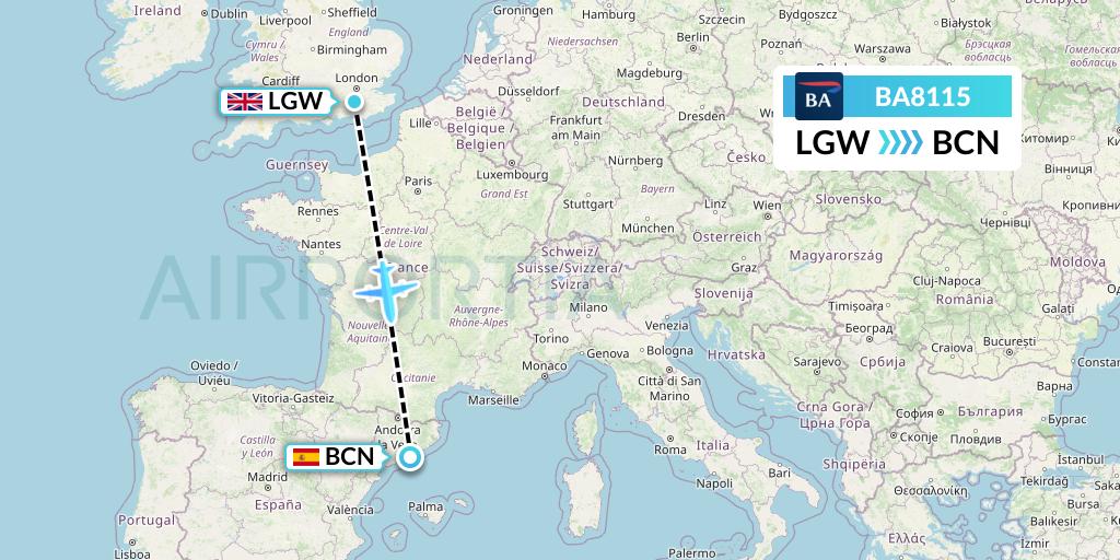 BA8115 British Airways Flight Map: London to Barcelona