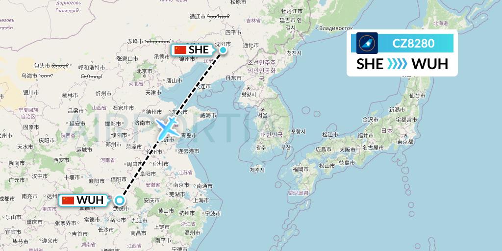 CZ8280 China Southern Airlines Flight Map: Shenyang to Wuhan