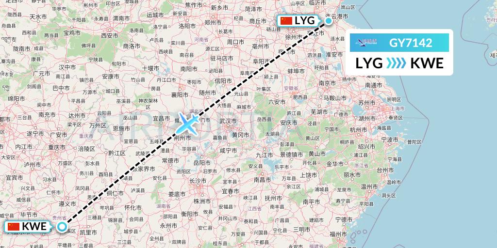GY7142 Colorful GuiZhou Airlines Flight Map: Lianyungang to Guiyang