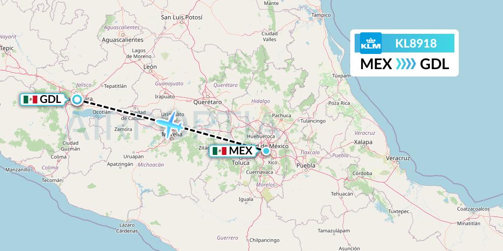 KL8918 KLM Flight Map: Mexico City to Guadalajara