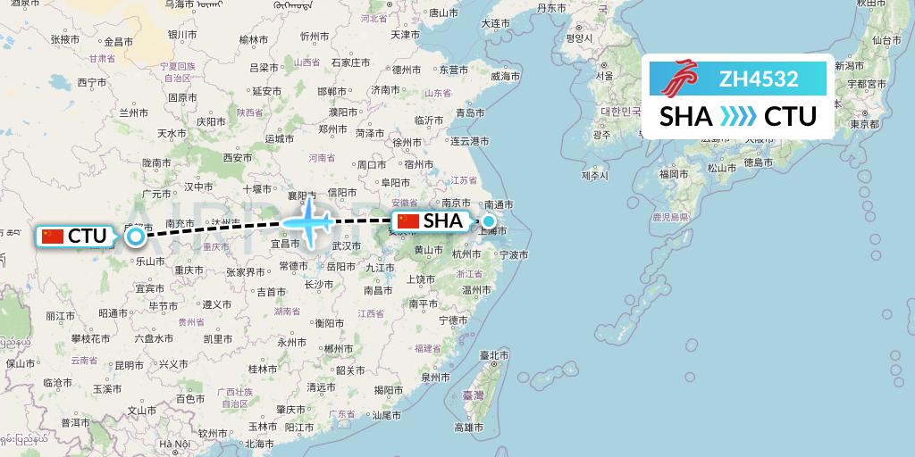 ZH4532 Shenzhen Airlines Flight Map: Shanghai to Chengdu