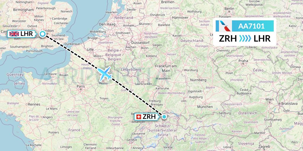 AA7101 American Airlines Flight Map: Zurich to London