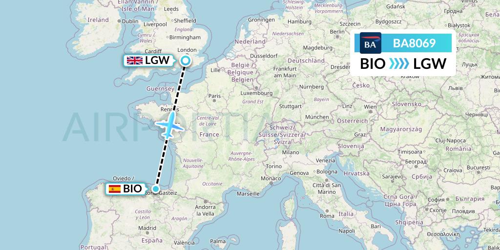 BA8069 British Airways Flight Map: Bilbao to London