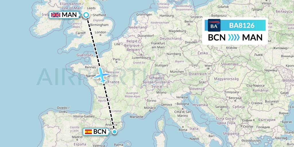 BA8126 British Airways Flight Map: Barcelona to Manchester