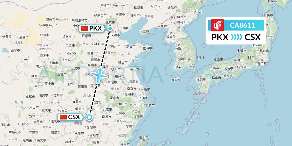 CA8611 Air China Flight Map: Beijing to Changsha