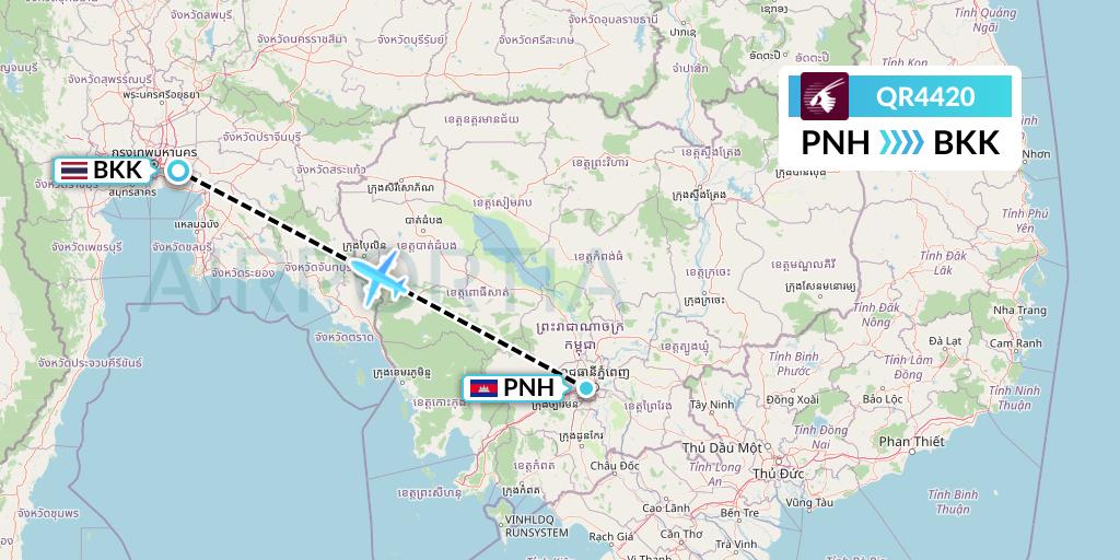 QR4420 Qatar Airways Flight Map: Phnom Penh to Bangkok