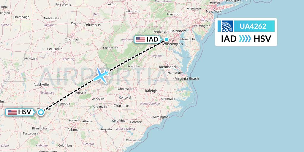 UA4262 United Airlines Flight Map: Washington to Huntsville
