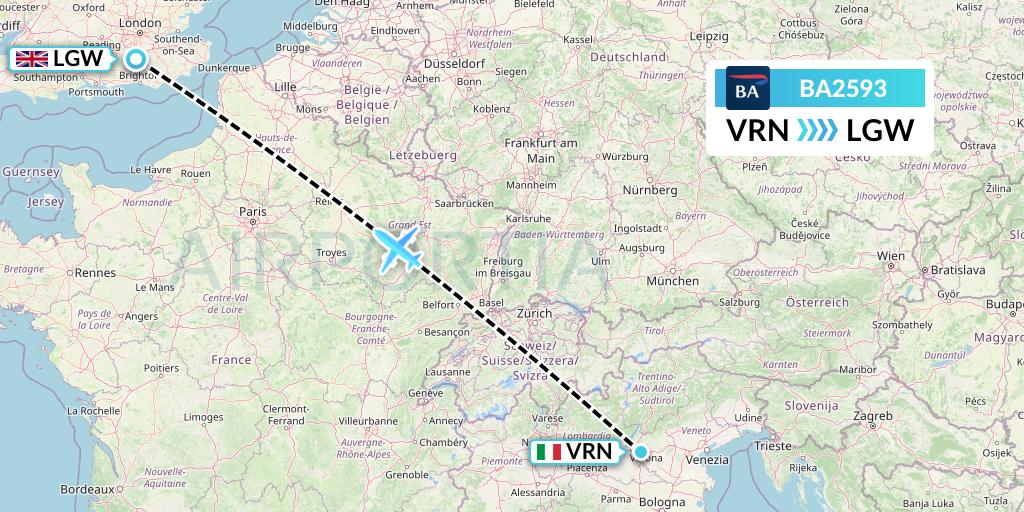 BA2593 British Airways Flight Map: Verona to London