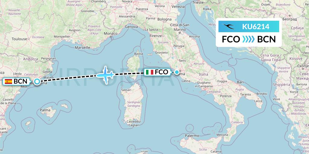 KU6214 Kuwait Airways Flight Map: Rome to Barcelona