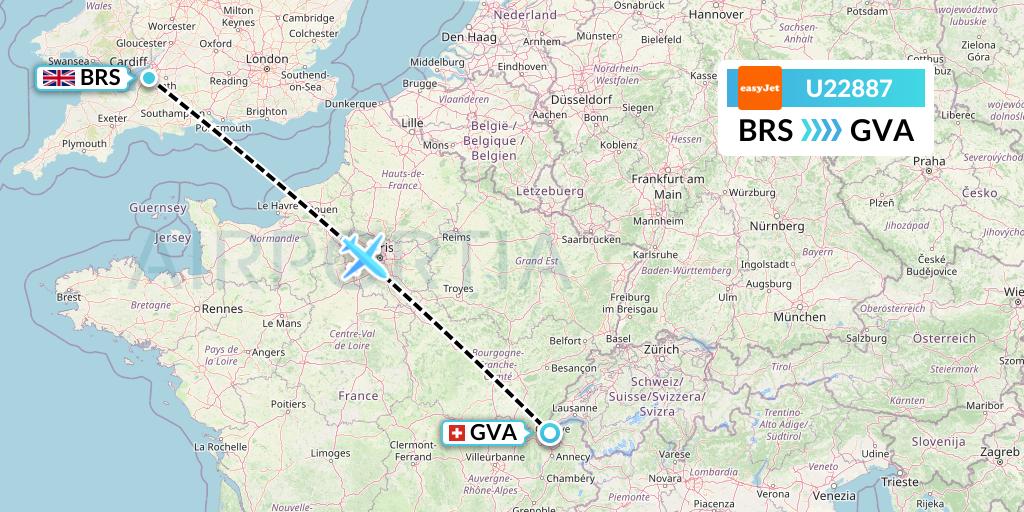 U22887 EasyJet Flight Map: Bristol to Geneva