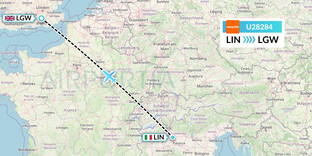 U28284 EasyJet Flight Map: Milan to London