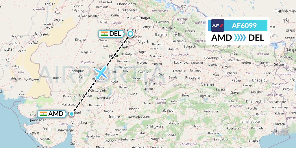 AF6099 Air France Flight Map: Ahmedabad to Delhi