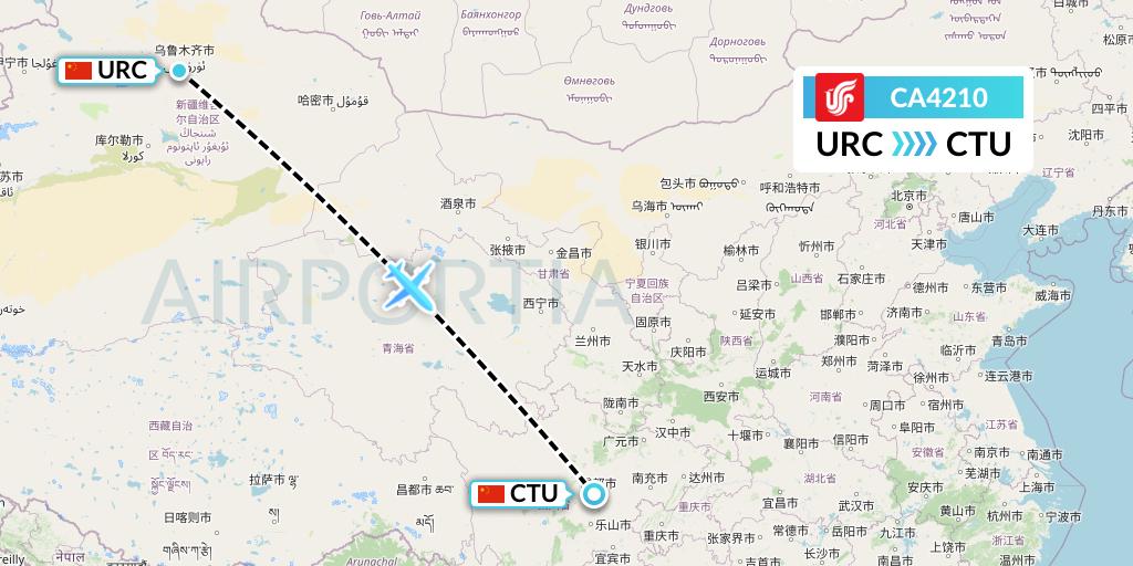 CA4210 Air China Flight Map: Urumqi to Chengdu