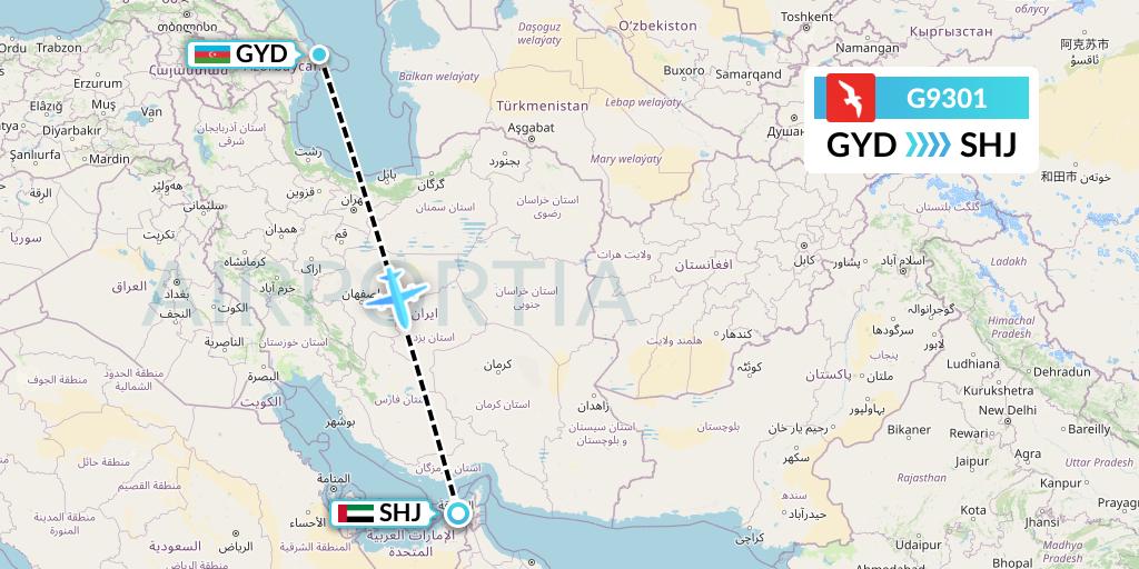 G9301 Air Arabia Flight Map: Baku to Sharjah