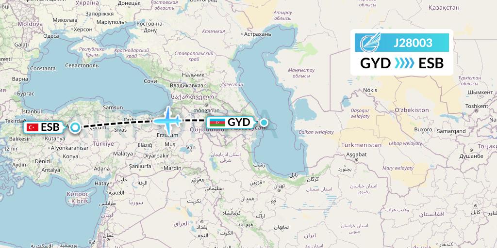 J28003 Azerbaijan Airlines Flight Map: Baku to Ankara
