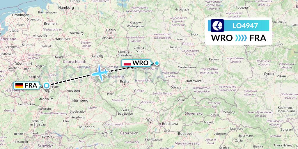 LO4947 LOT Flight Map: Wroclaw to Frankfurt