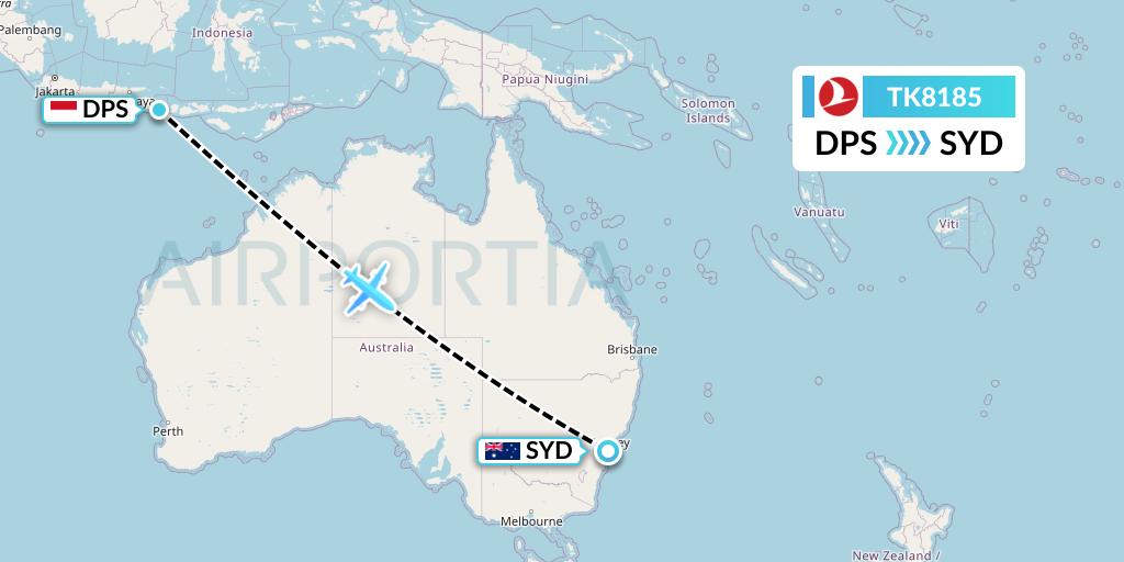 TK8185 Turkish Airlines Flight Map: Denpasar to Sydney