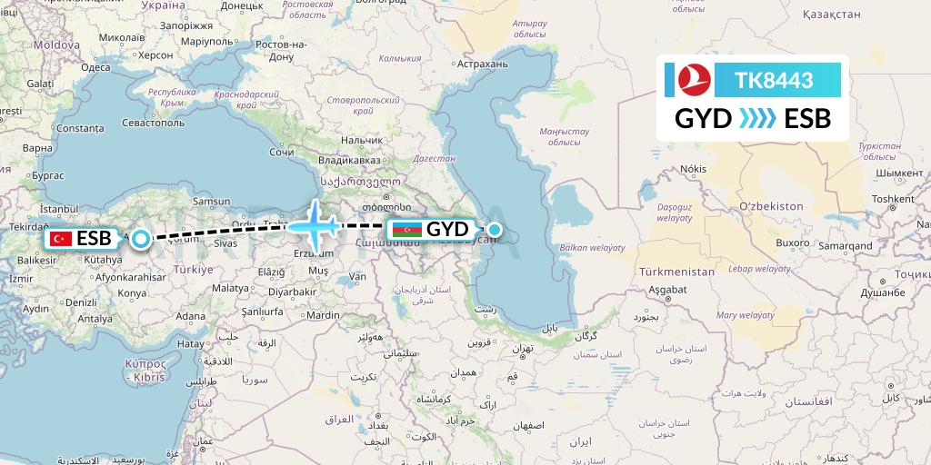 TK8443 Turkish Airlines Flight Map: Baku to Ankara