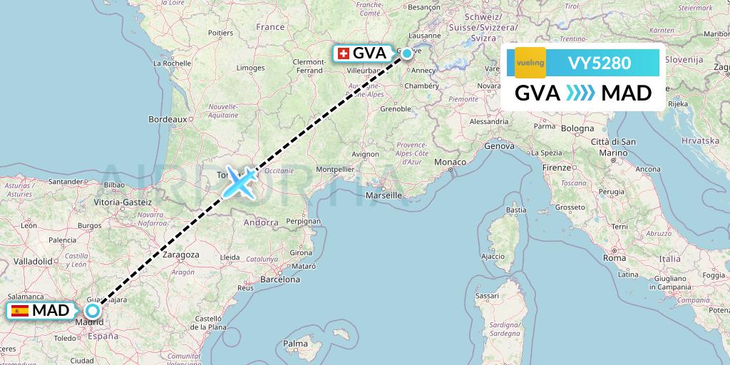VY5280 Vueling Flight Map: Geneva to Madrid