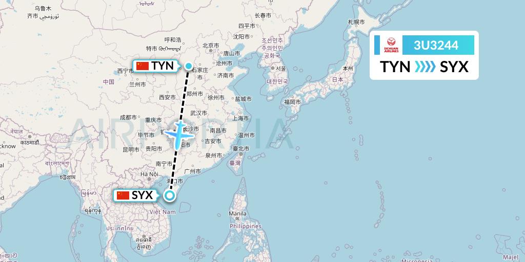 3U3244 Sichuan Airlines Flight Map: Taiyuan to Sanya