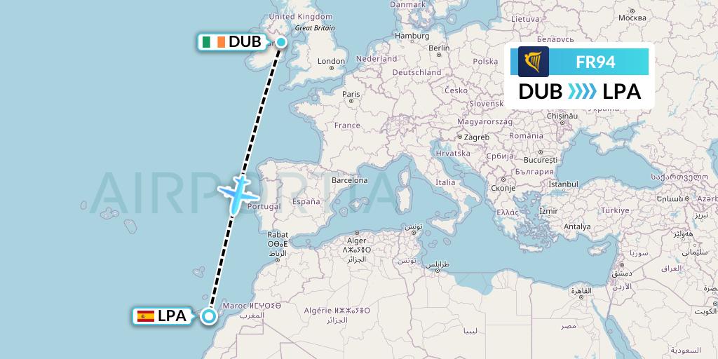 FR94 Ryanair Flight Map: Dublin to Las Palmas