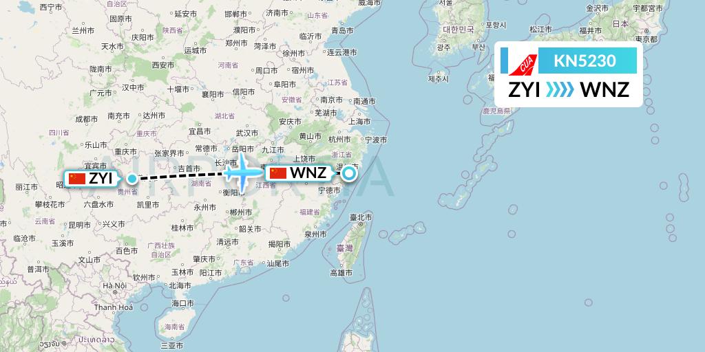 KN5230 China United Airlines Flight Map: Zunyi to Wenzhou