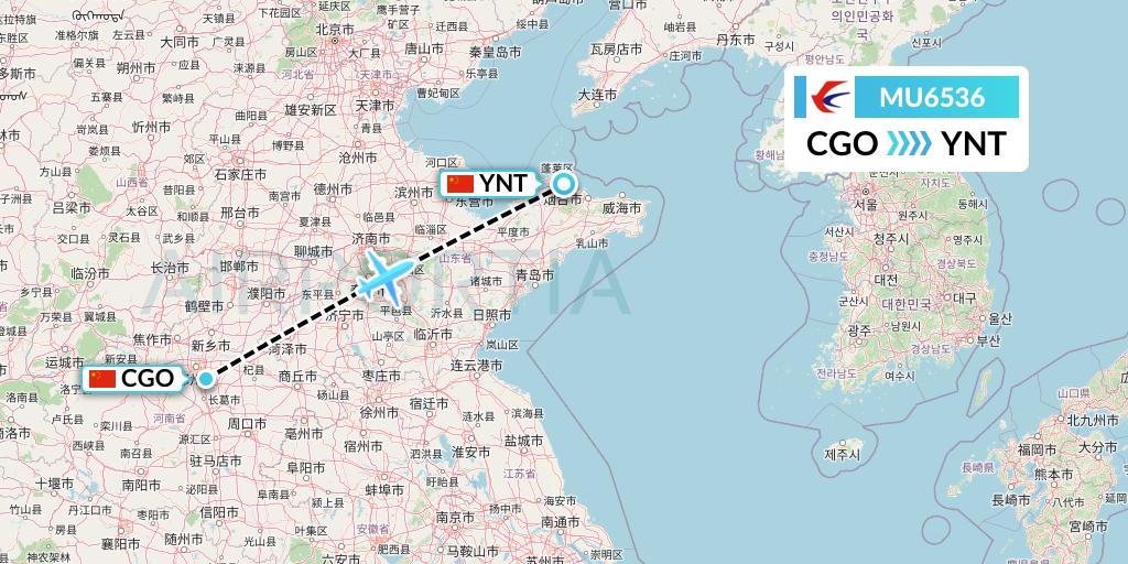 MU6536 China Eastern Airlines Flight Map: Zhengzhou to Yantai